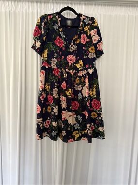 Vince Camuto Navy Floral Mini Dress with Pink & Yellow Blooms